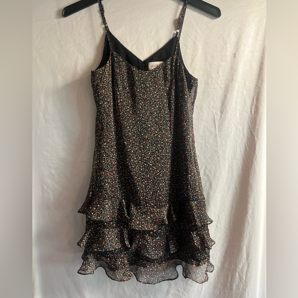 Aura Women's black floral lined adjustable spaghetti strapped dress Size Small
